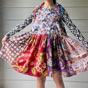 Arcade Dress | Handmade Tie At Shoulder Quilted Dress SKU 06044 Cats/Rainbow